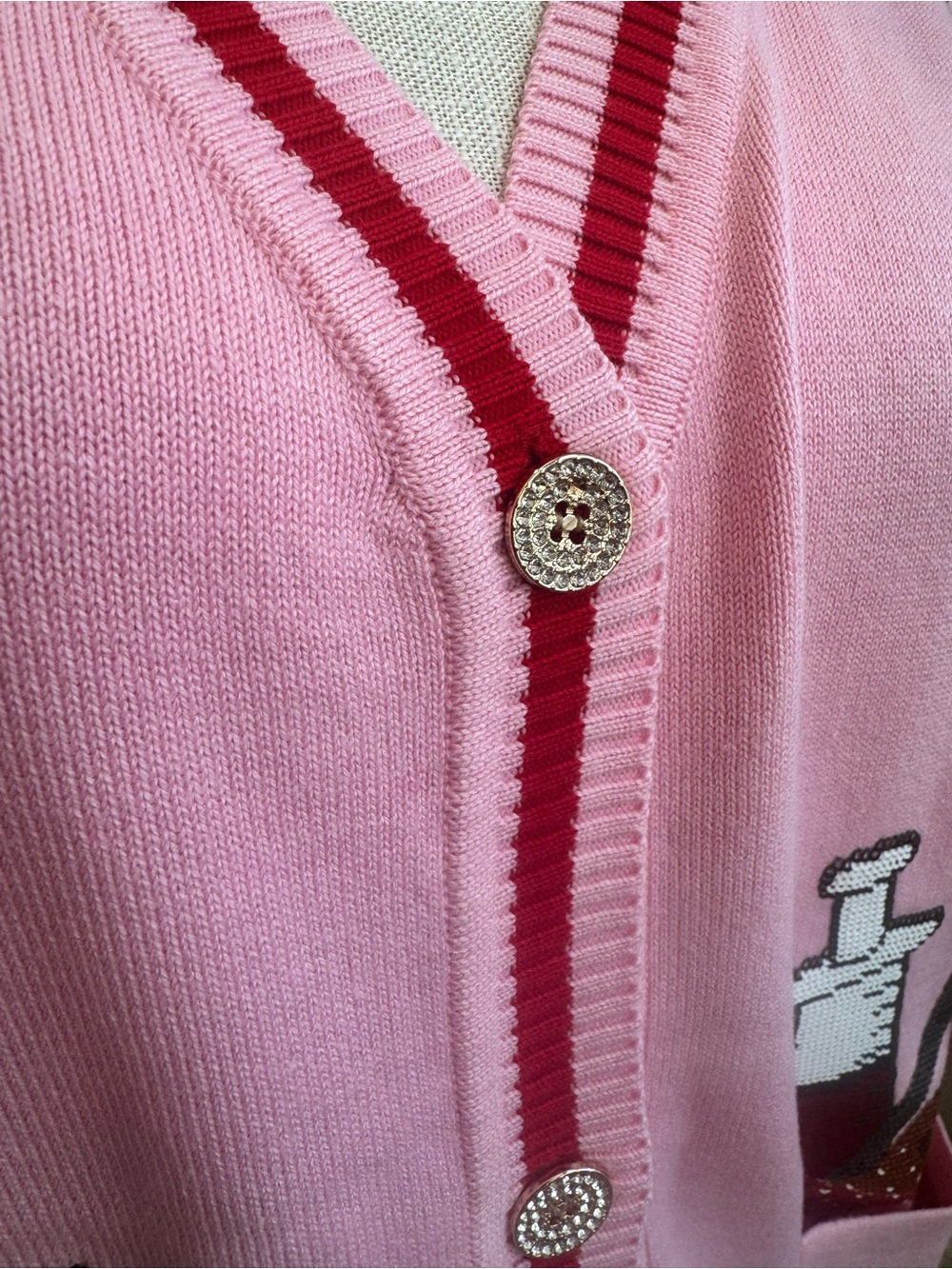 New! QUEEN OF SPARKLES Pink Sequin Medical Supply VβNeck Cardigan - Picture 8 of 10